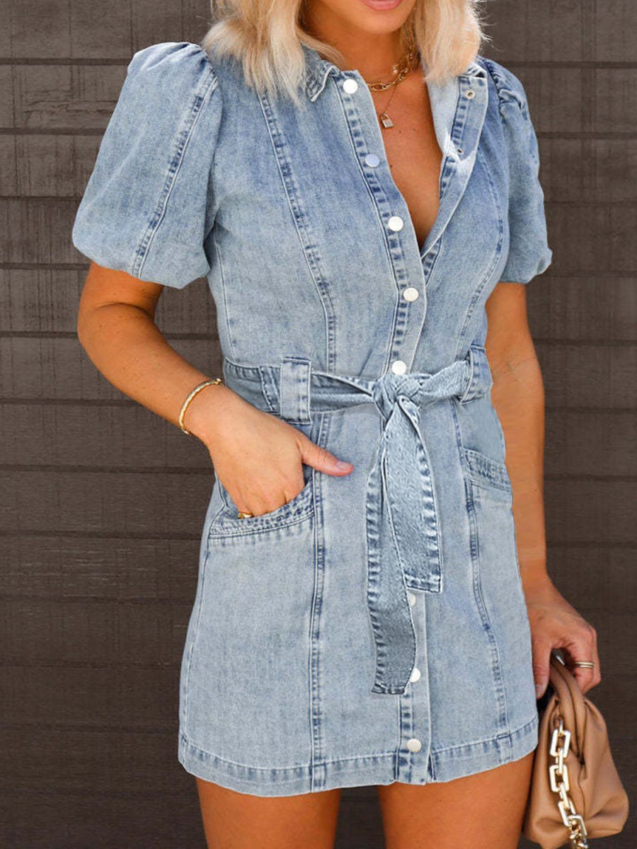 Puff Sleeve Button Up Mini Denim Dress - Denim Dress