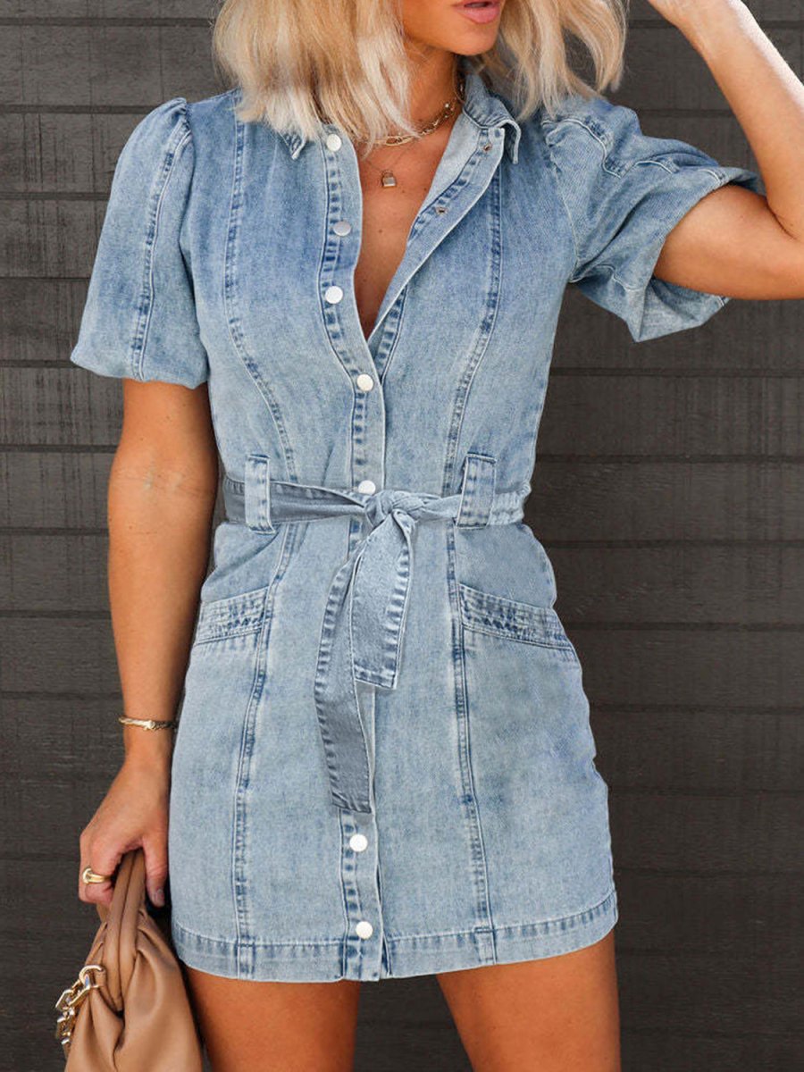 Puff Sleeve Button Up Mini Denim Dress - Denim Dress