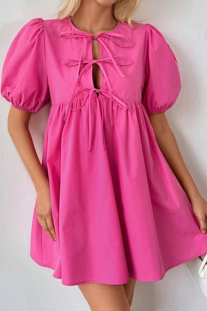 Puff Sleeve Tie Front High Waist Mini Dress - New Arrivals