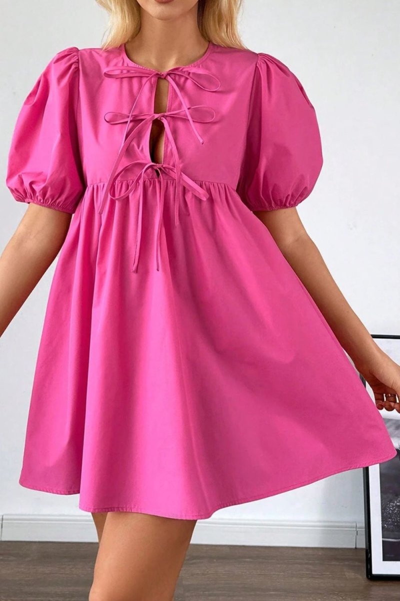Puff Sleeve Tie Front High Waist Mini Dress - New Arrivals