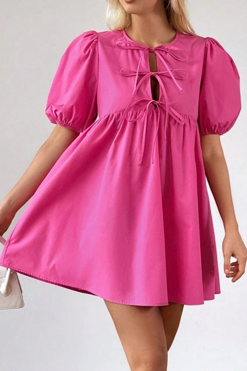 Puff Sleeve Tie Front High Waist Mini Dress - New Arrivals