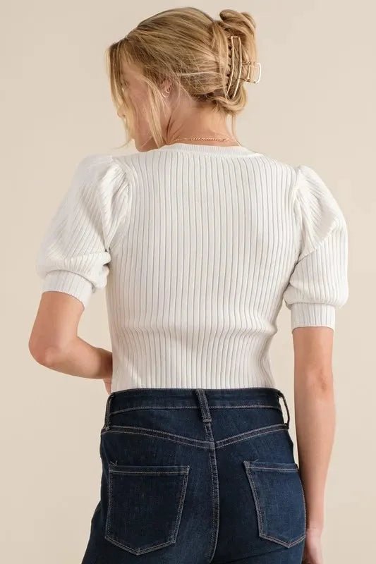 Puffed Sleeve Ribbed Bodysuit - 