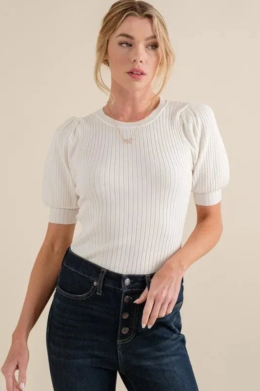 Puffed Sleeve Ribbed Bodysuit - 