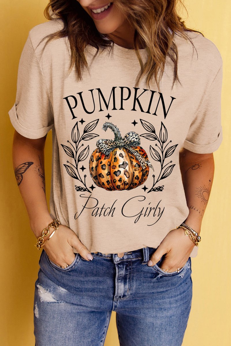 Pumpkin Graphic Round Neck Short Sleeve T-Shirt - Top