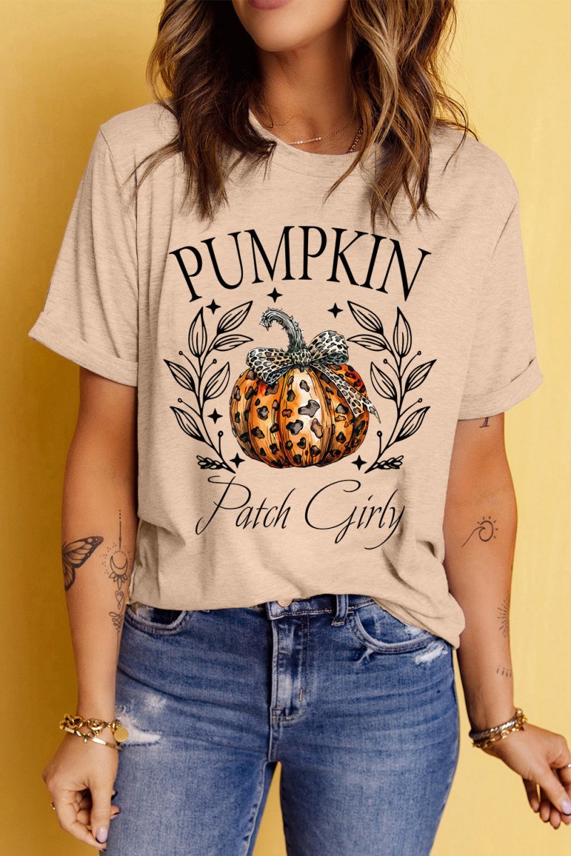 Pumpkin Graphic Round Neck Short Sleeve T-Shirt - Top