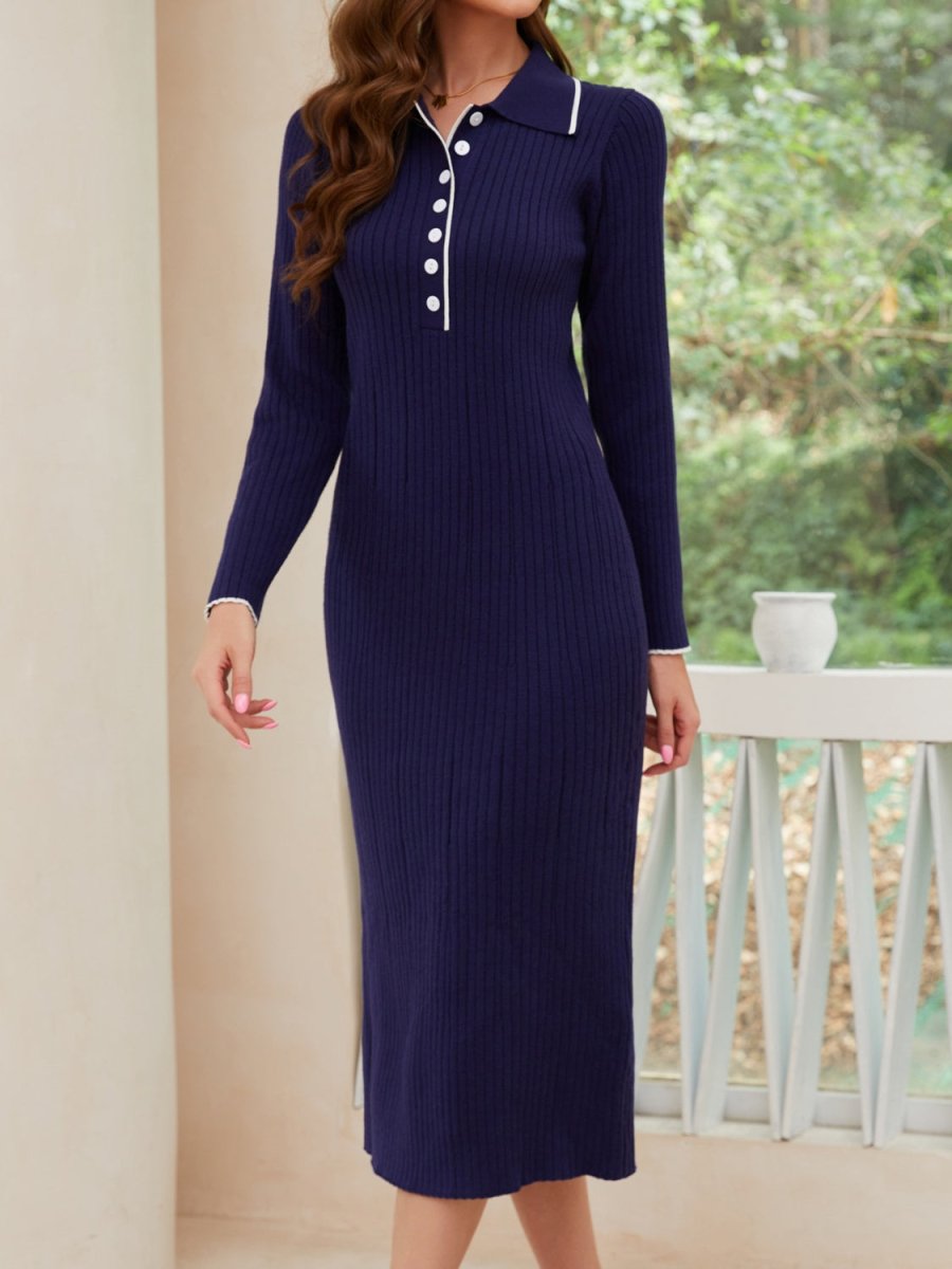 Quarter Button Long Sleeve Midi Dress - Sweater Dress