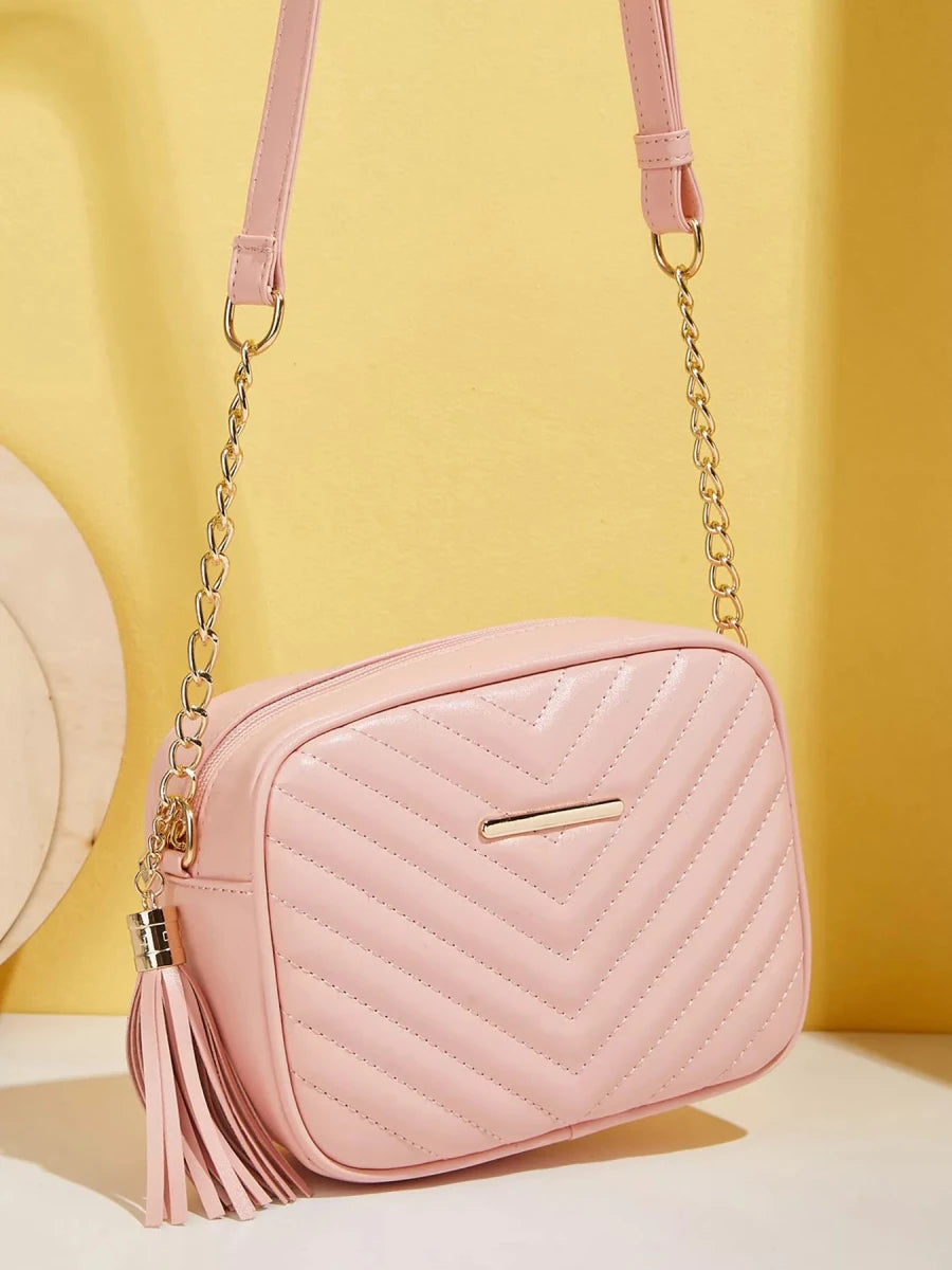 Quilted PU Leather Crossbody Bag with Tassel - 