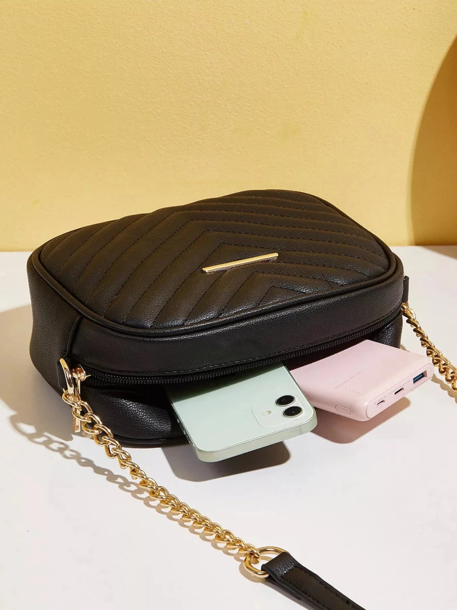 Quilted PU Leather Crossbody Bag with Tassel - 