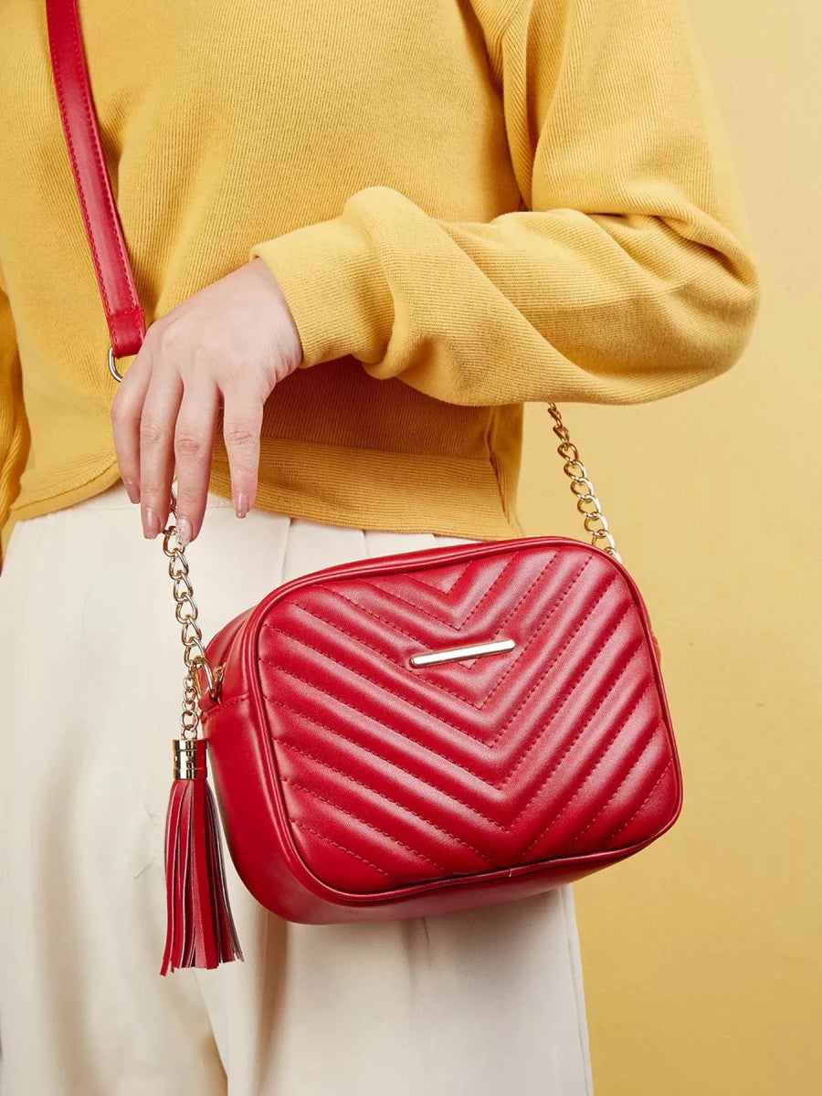 Quilted PU Leather Crossbody Bag with Tassel - 