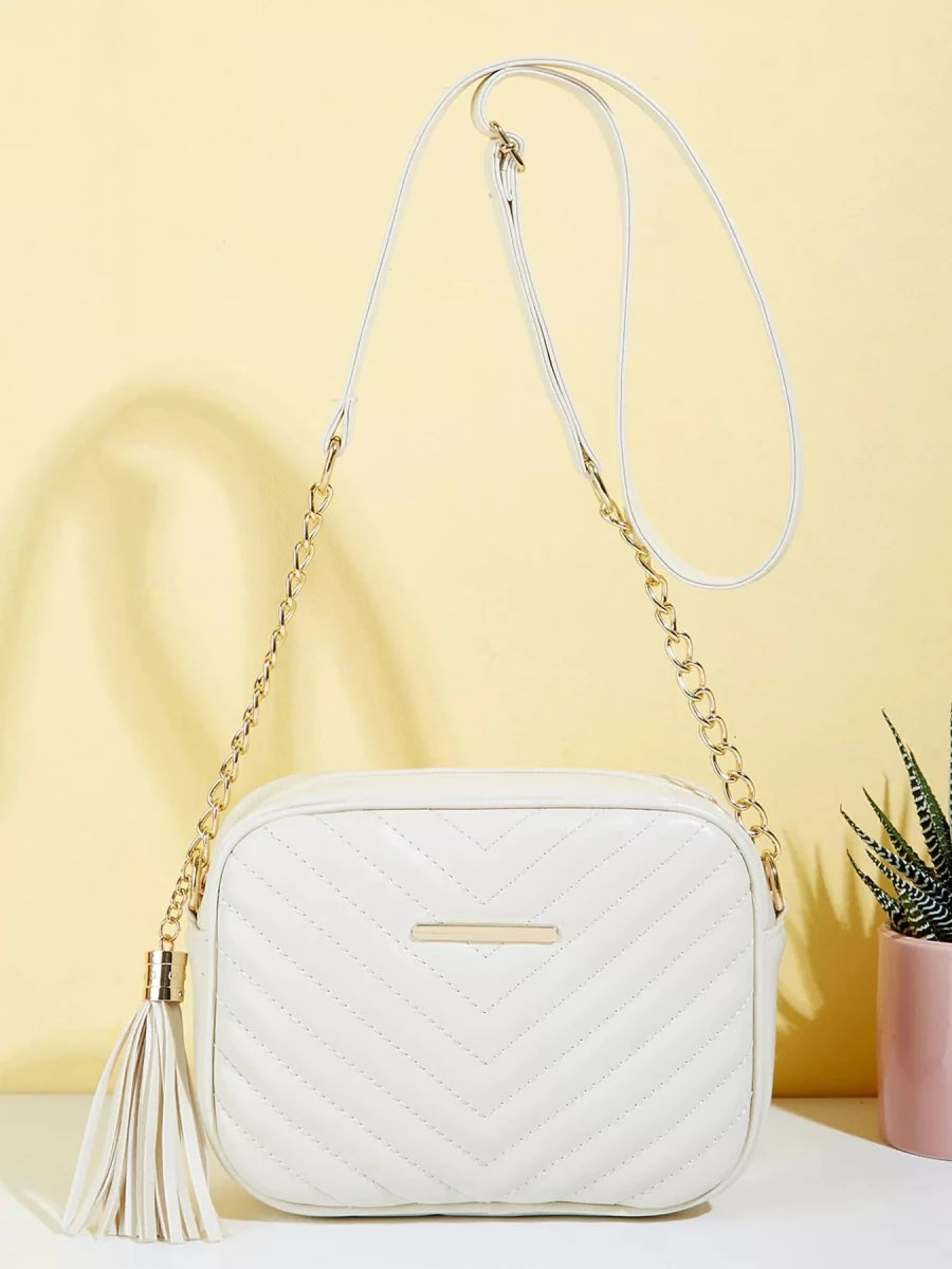 Quilted PU Leather Crossbody Bag with Tassel - 