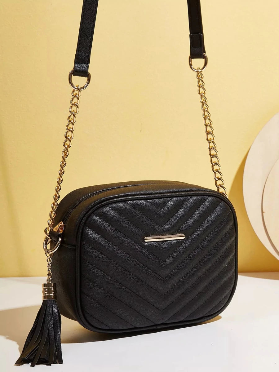 Quilted PU Leather Crossbody Bag with Tassel - 