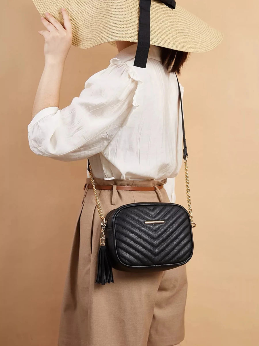 Quilted PU Leather Crossbody Bag with Tassel - 