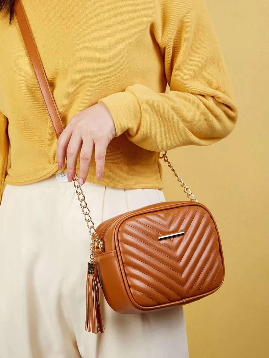 Quilted PU Leather Crossbody Bag with Tassel - 
