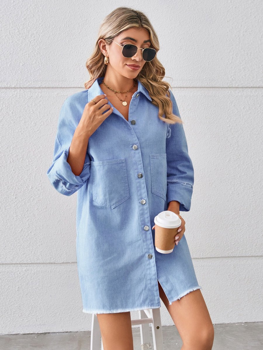 Raw Hem Button Up Denim Dress - Denim Dress