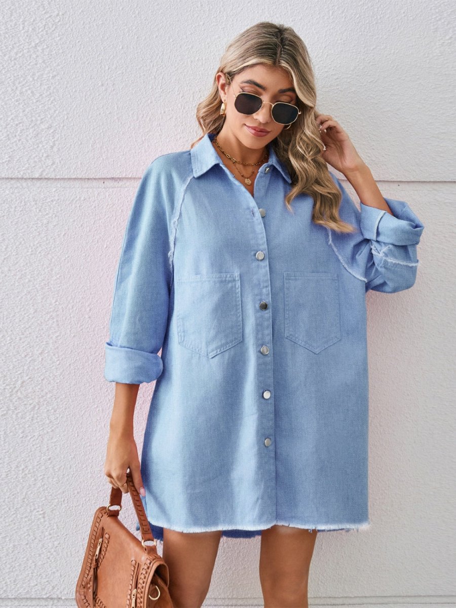 Raw Hem Button Up Denim Dress - Denim Dress