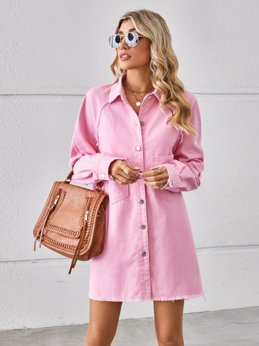 Raw Hem Button Up Denim Dress - Denim Dress