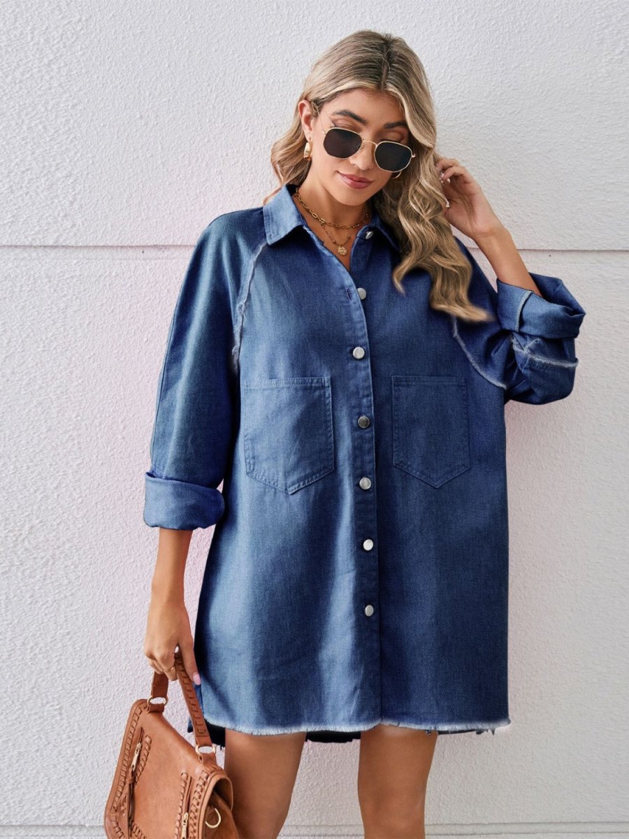 Raw Hem Button Up Denim Dress - Denim Dress