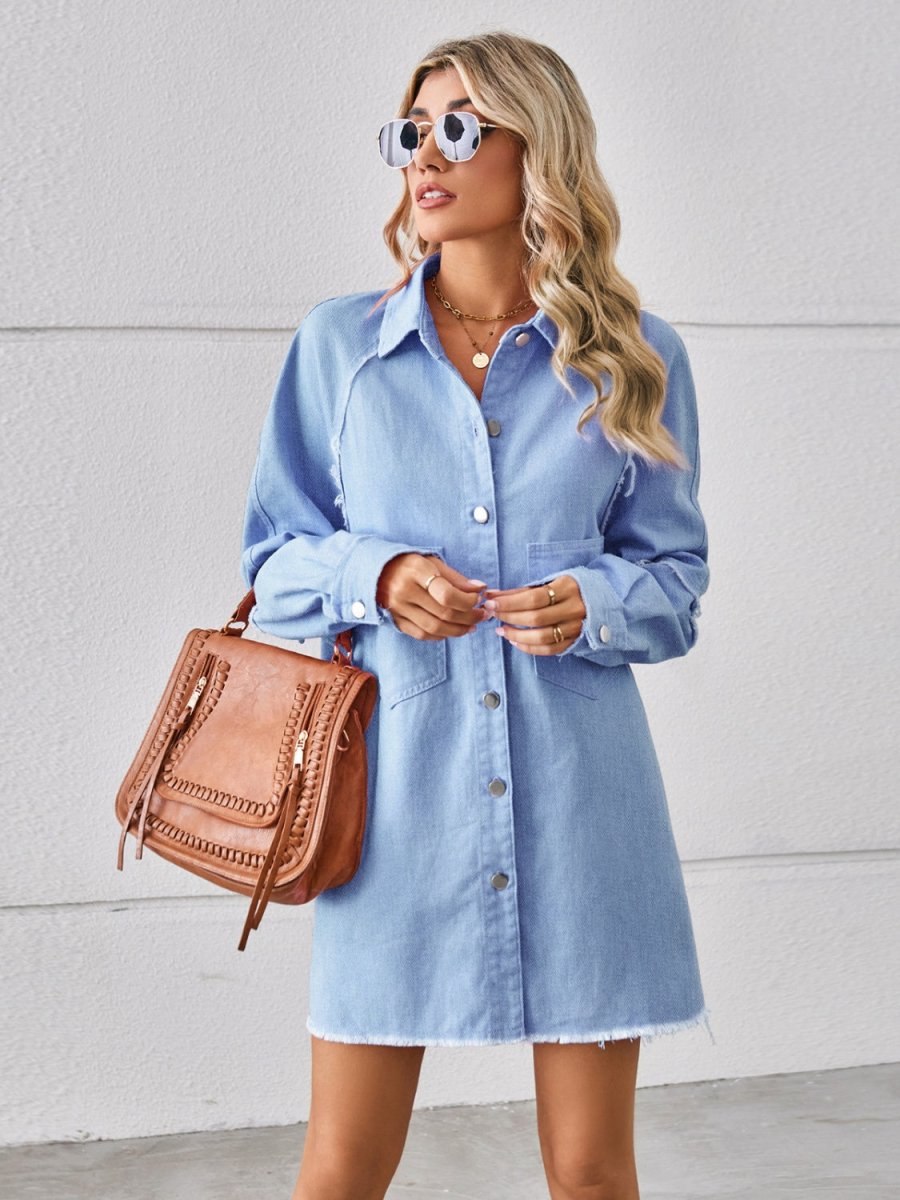 Raw Hem Button Up Denim Dress - Denim Dress