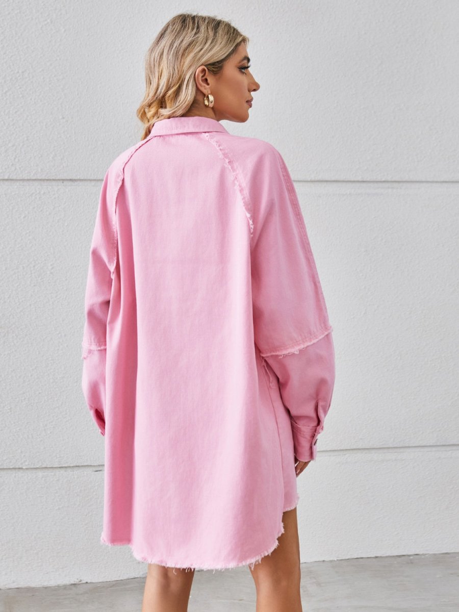 Raw Hem Button Up Denim Dress - Denim Dress