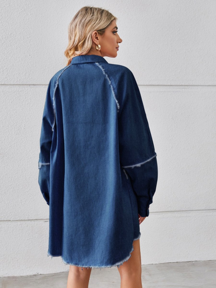Raw Hem Button Up Denim Dress - Denim Dress