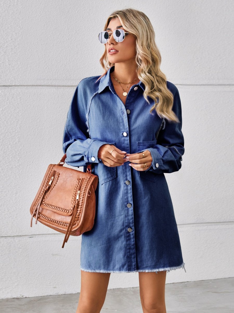 Raw Hem Button Up Denim Dress - Denim Dress