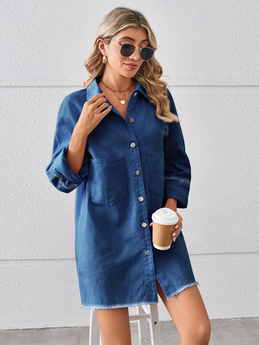 Raw Hem Button Up Denim Dress - Denim Dress