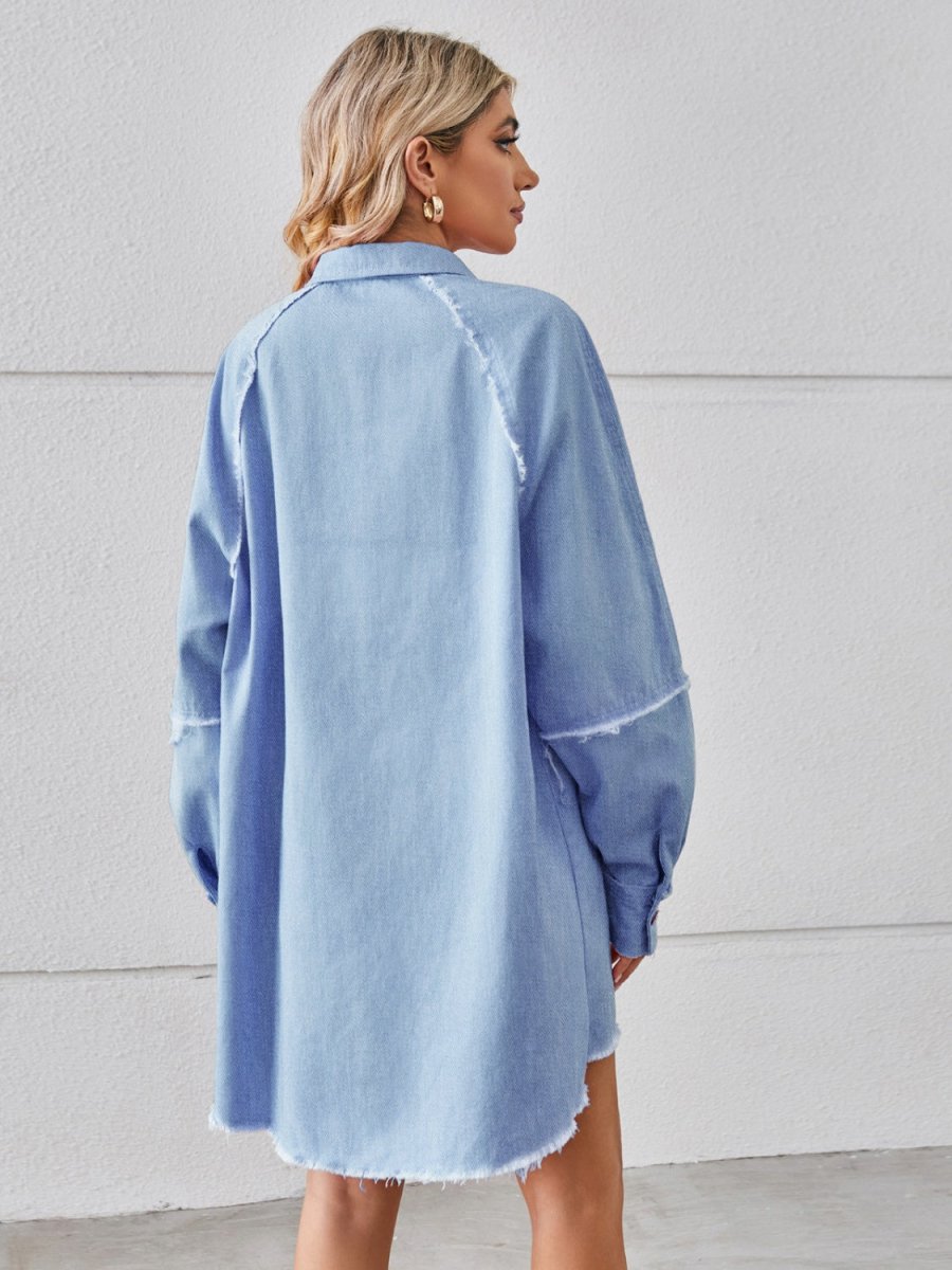 Raw Hem Button Up Denim Dress - Denim Dress