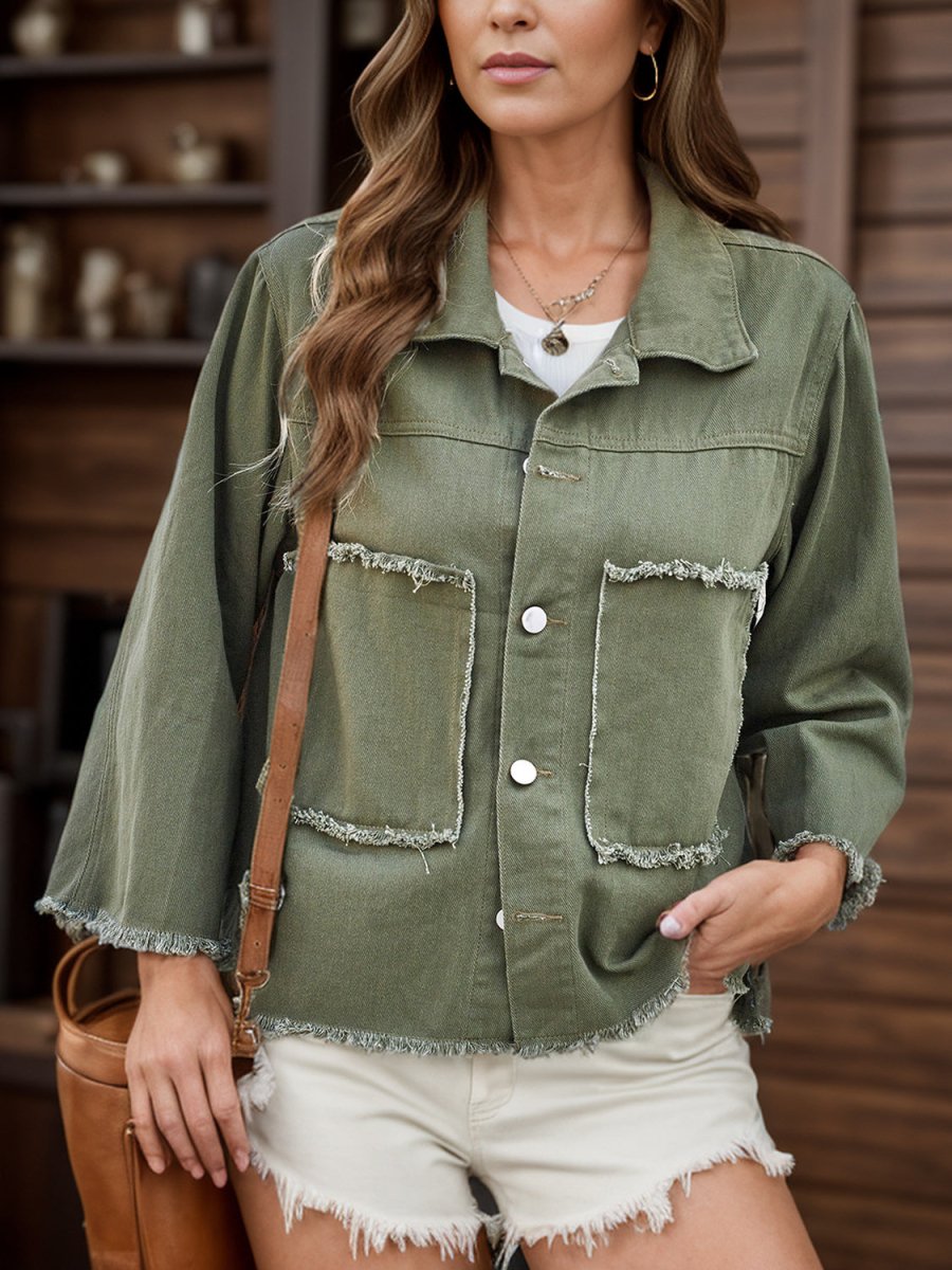 Raw Hem Button Up Denim Jacket - Outerwear