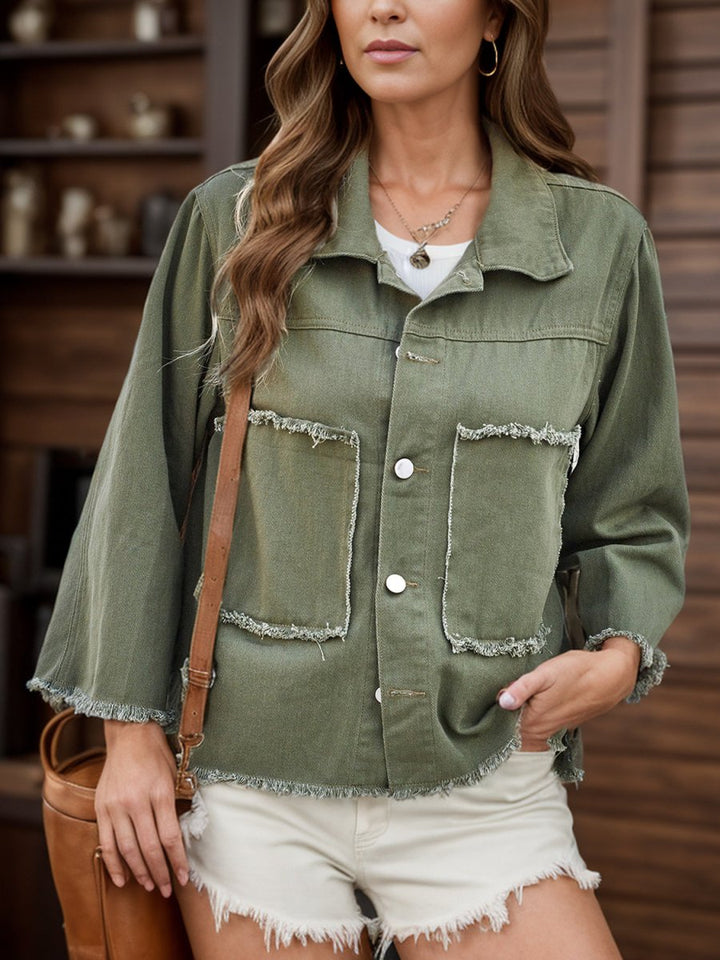 Raw Hem Button Up Denim Jacket - Outerwear