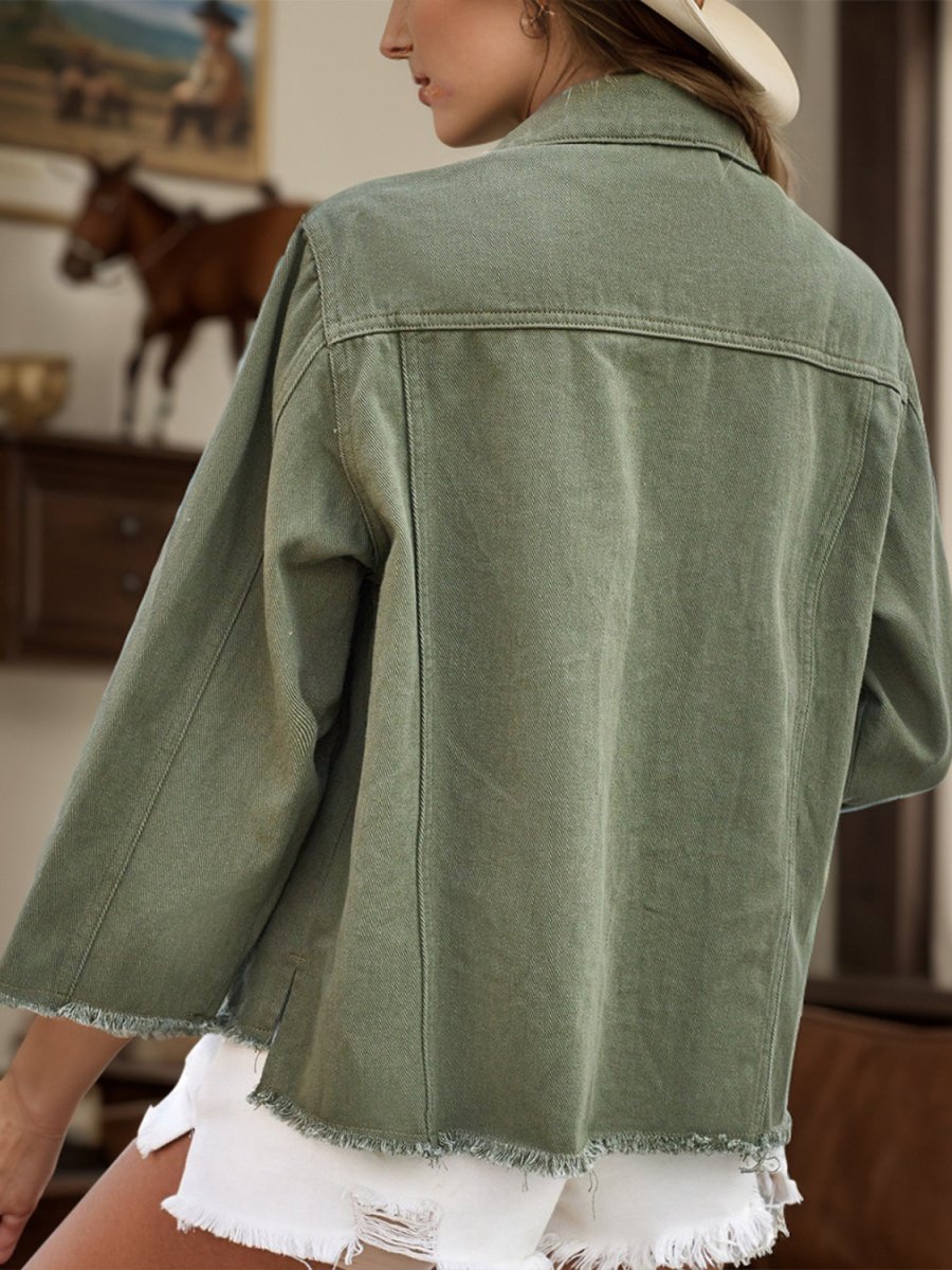 Raw Hem Button Up Denim Jacket - Outerwear