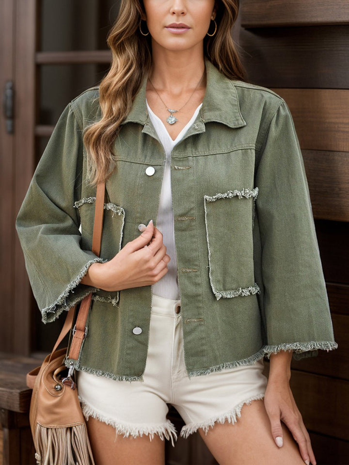 Raw Hem Button Up Denim Jacket - Outerwear