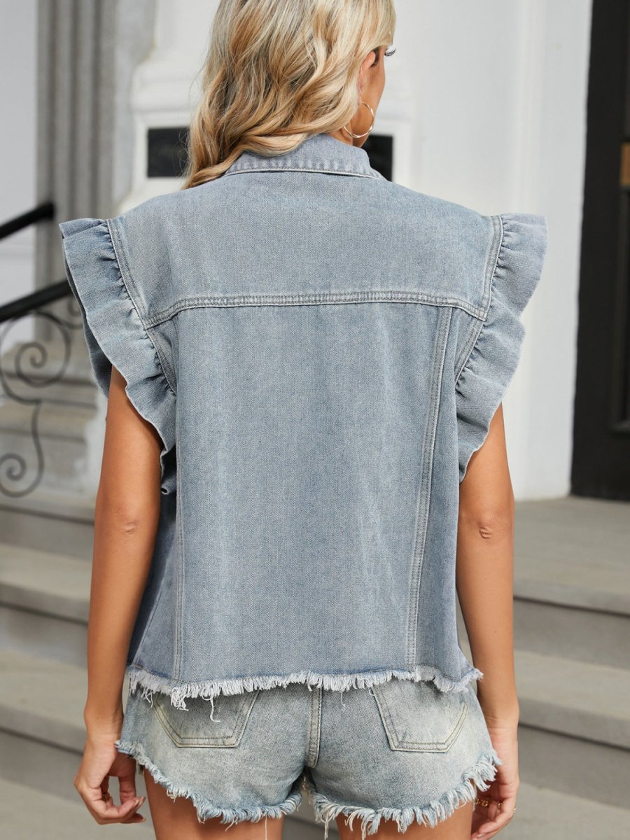 Raw Hem Cap Sleeve Denim Jacket - Outerwear