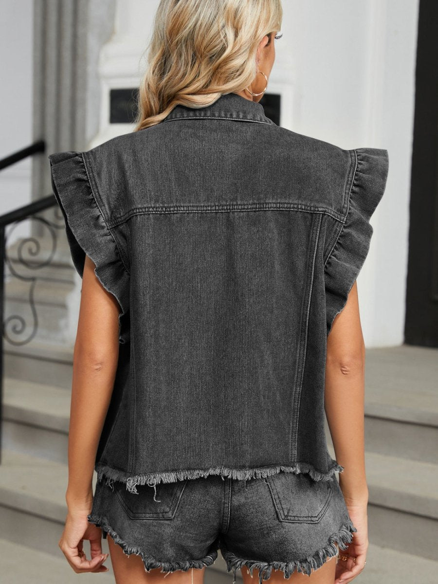 Raw Hem Cap Sleeve Denim Jacket - Outerwear