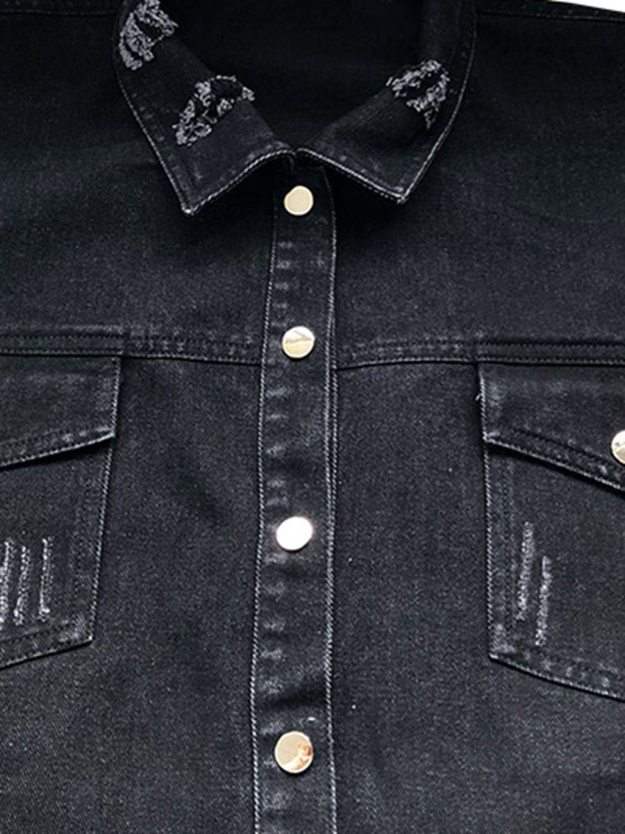 Raw Hem Collared Neck Long Sleeve Denim Jacket - Outerwear