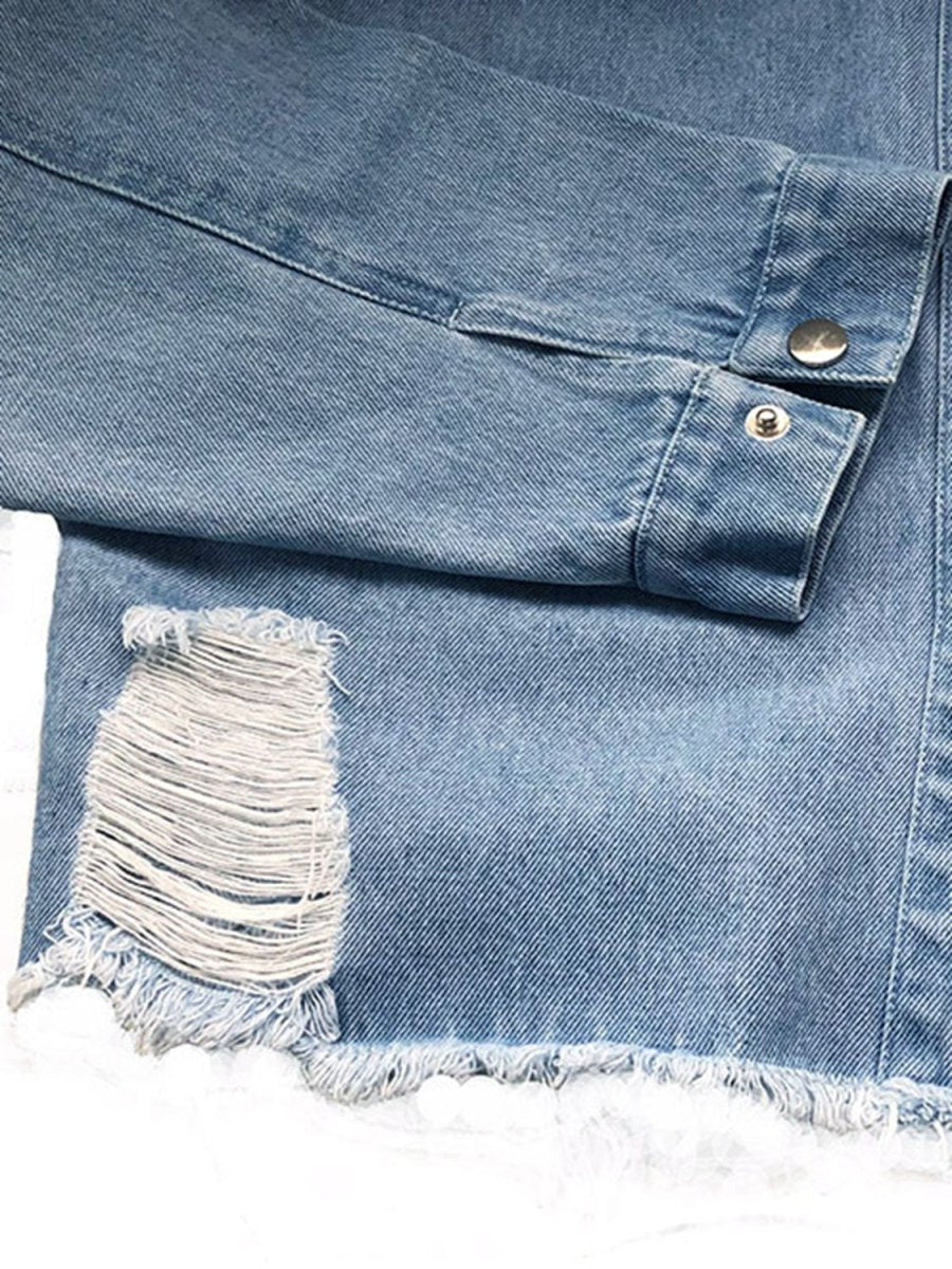 Raw Hem Collared Neck Long Sleeve Denim Jacket - Outerwear