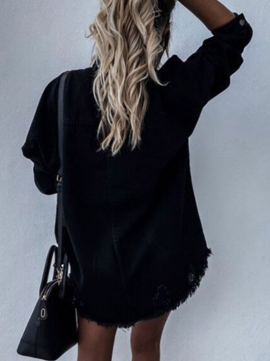 Raw Hem Collared Neck Long Sleeve Denim Jacket - Outerwear