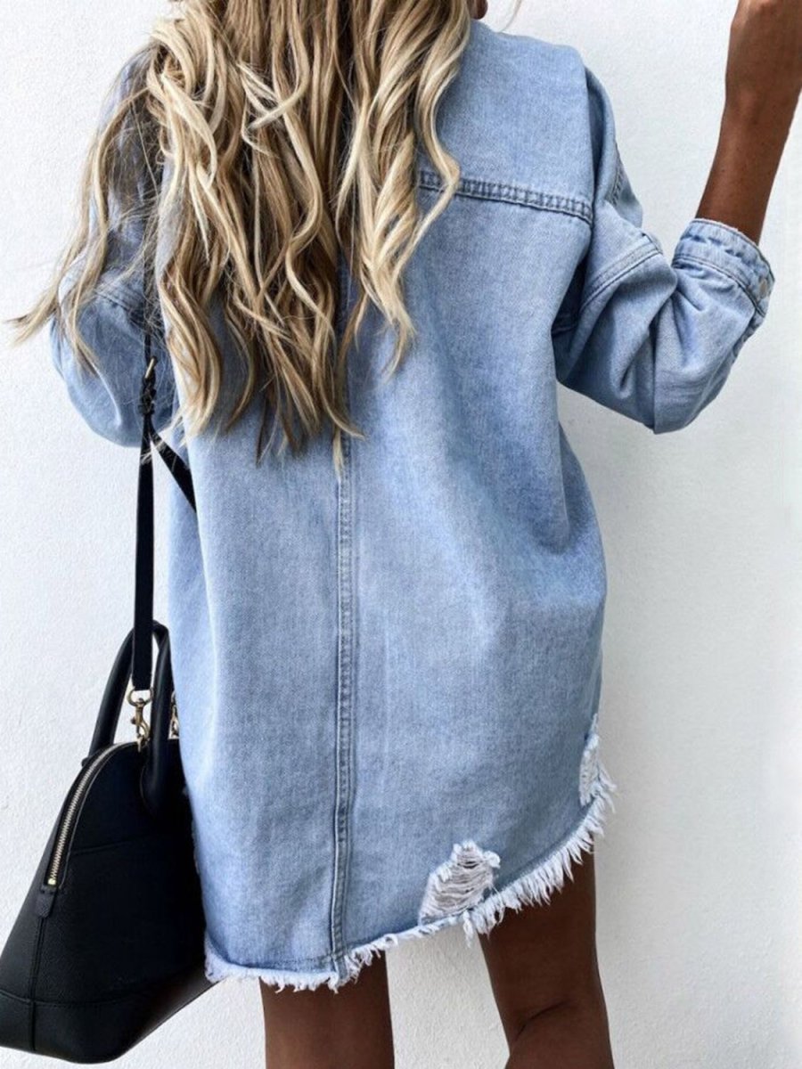 Raw Hem Collared Neck Long Sleeve Denim Jacket - Outerwear