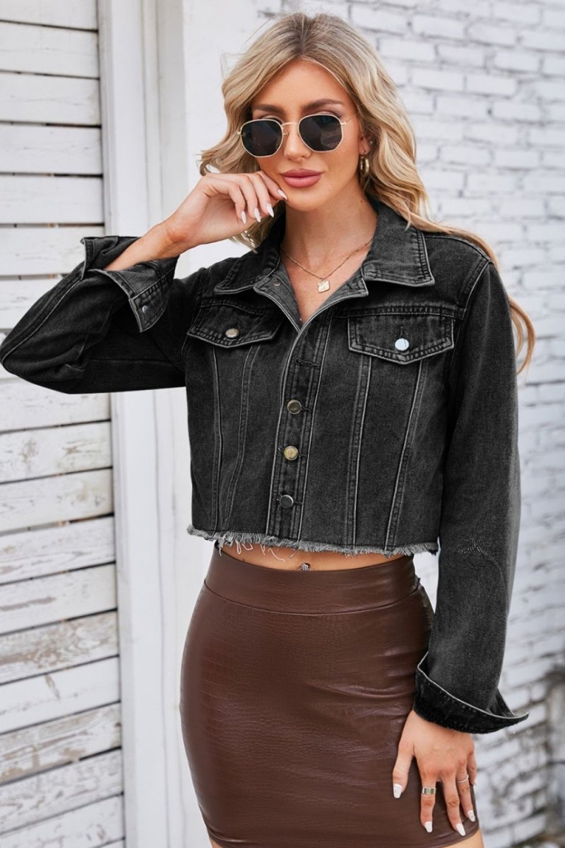 Raw Hem Denim Jacket with Pockets - Outerwear