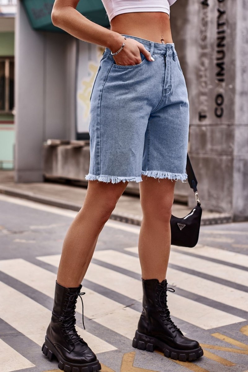 Raw Hem Denim Shorts with Pockets - Bottoms