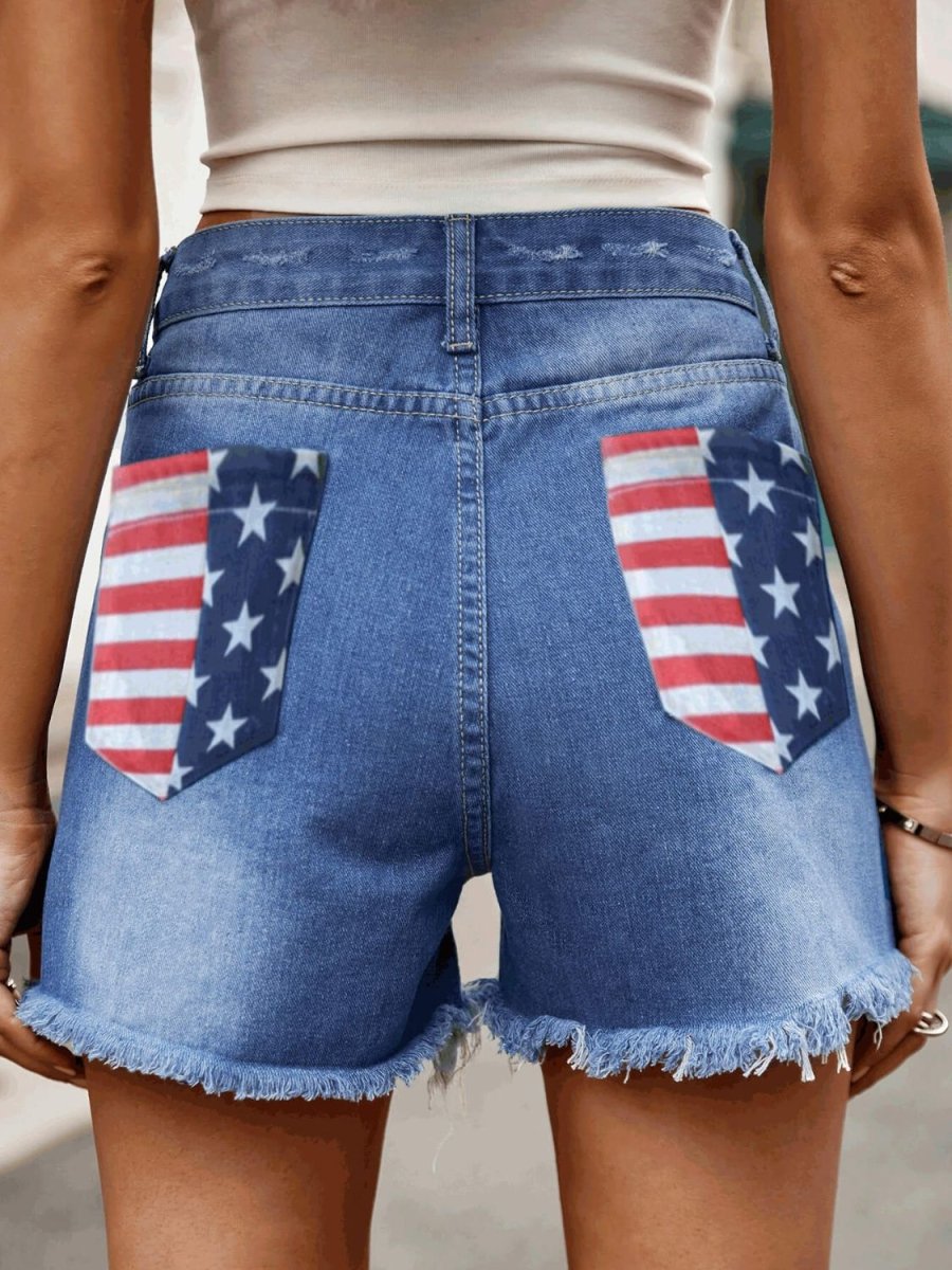 Raw Hem Denim Shorts with Pockets - Bottoms