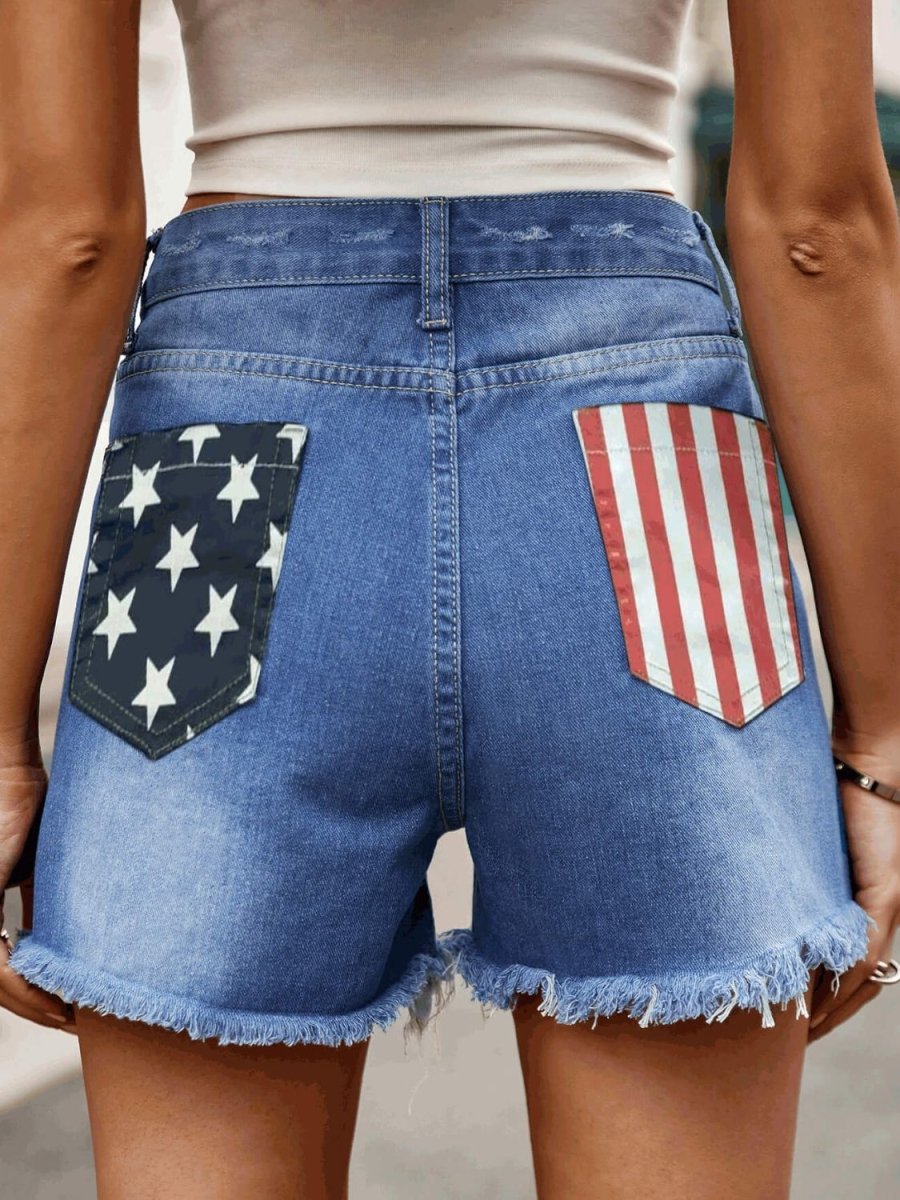 Raw Hem Denim Shorts with Pockets - Bottoms