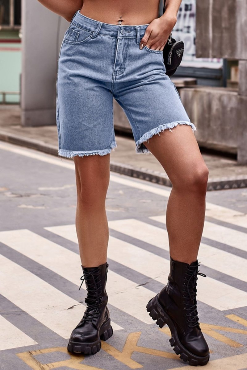 Raw Hem Denim Shorts with Pockets - Bottoms