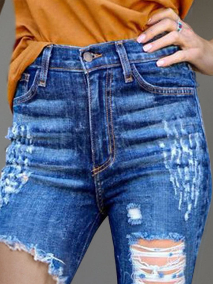 Raw Hem Distressed Bootcut Jeans - Bottoms