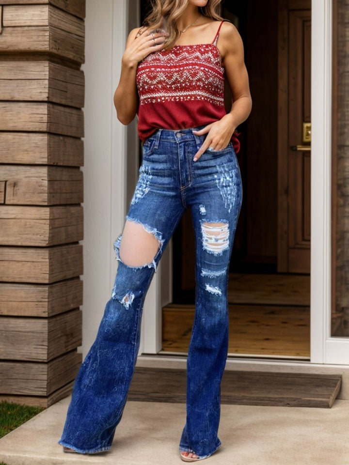 Raw Hem Distressed Bootcut Jeans - Bottoms