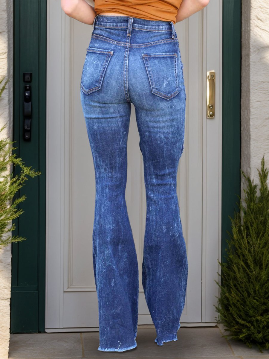 Raw Hem Distressed Bootcut Jeans - Bottoms