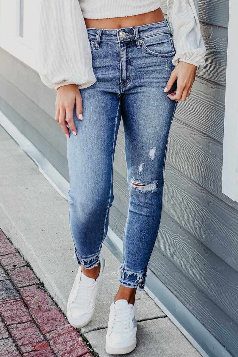 Raw Hem Distressed Jeans with Pockets - Bottoms