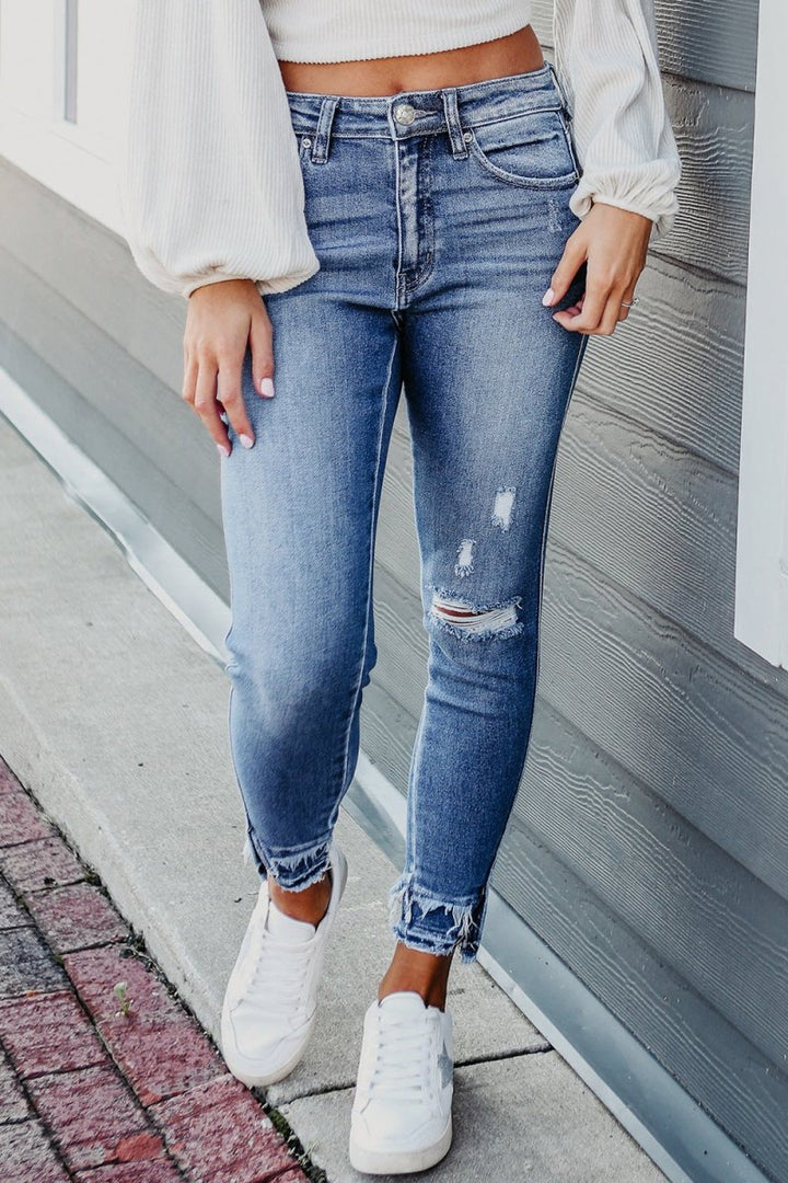 Raw Hem Distressed Jeans with Pockets - Bottoms
