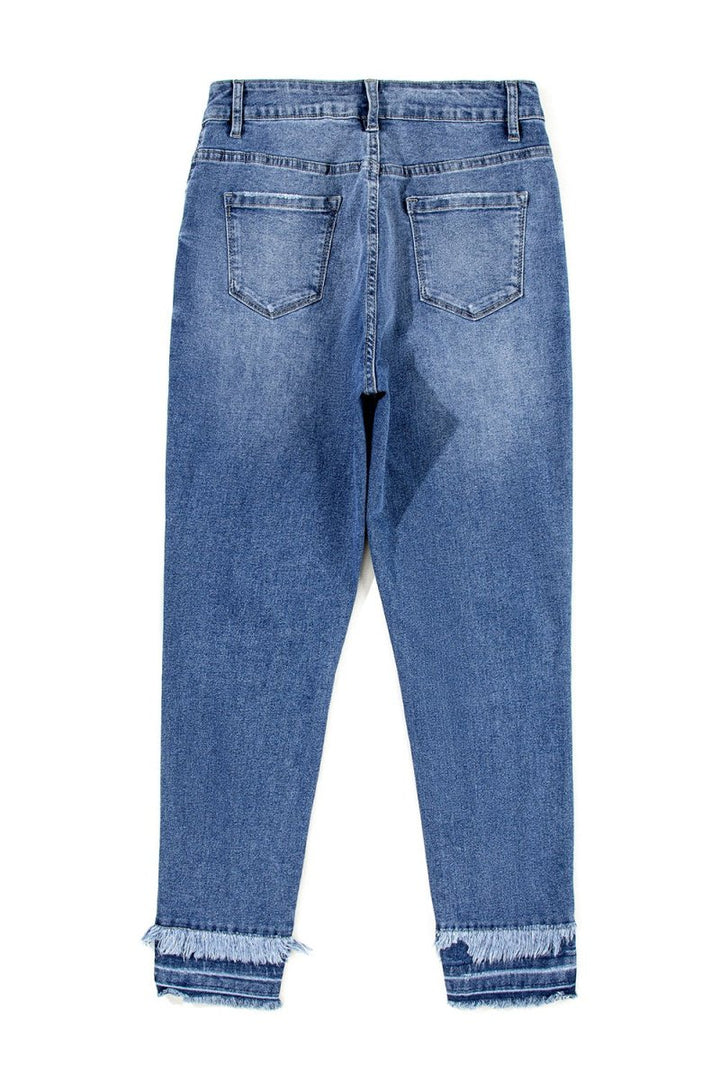Raw Hem Distressed Jeans with Pockets - Bottoms