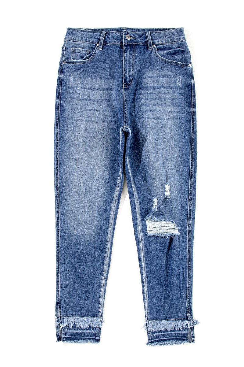 Raw Hem Distressed Jeans with Pockets - Bottoms