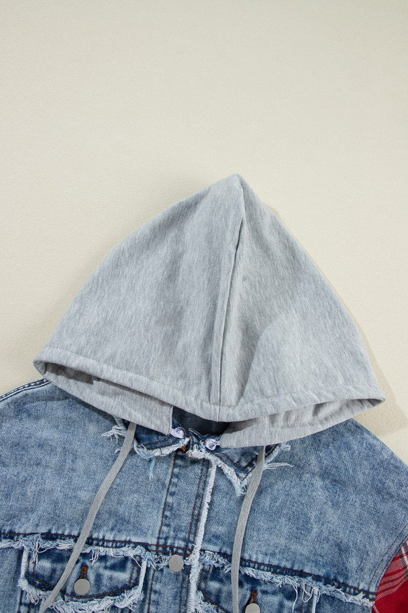 Raw Hem Drawstring Plaid Denim Jacket - Outerwear